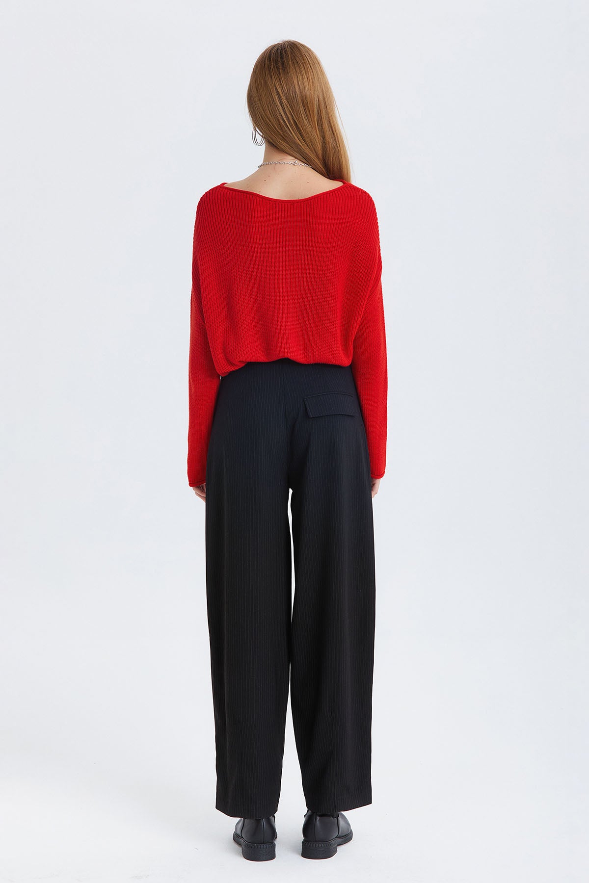 Çizgili Balon Form Kumaş Pantolon Siyah