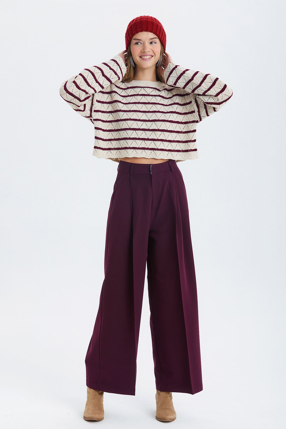 Salaş Bol Paça Kumaş Pantolon Mor