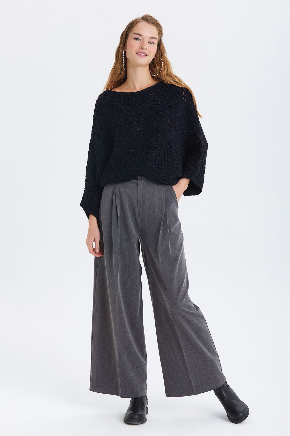 Salaş Bol Paça Kumaş Pantolon Gri