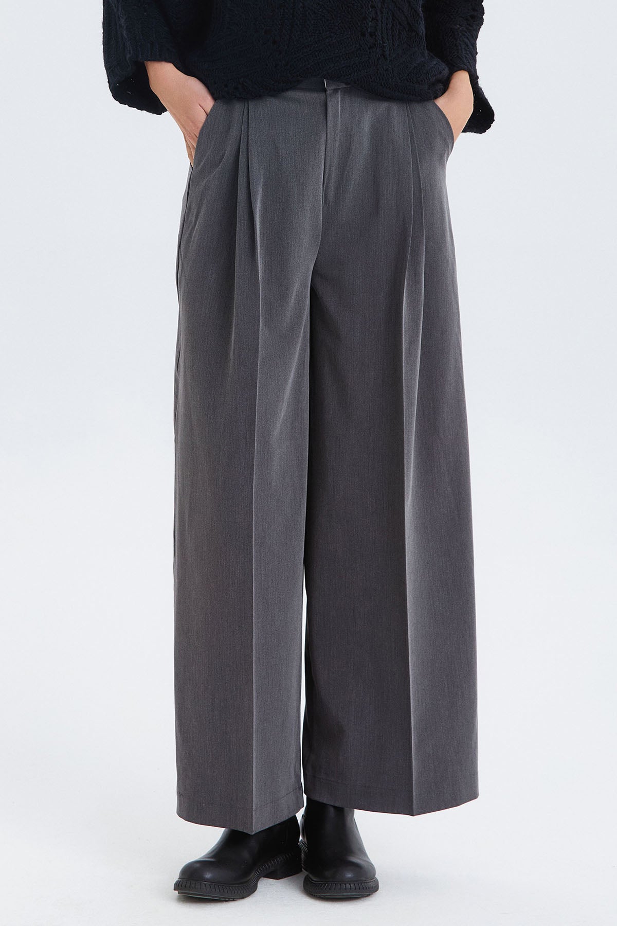 Salaş Bol Paça Kumaş Pantolon Gri