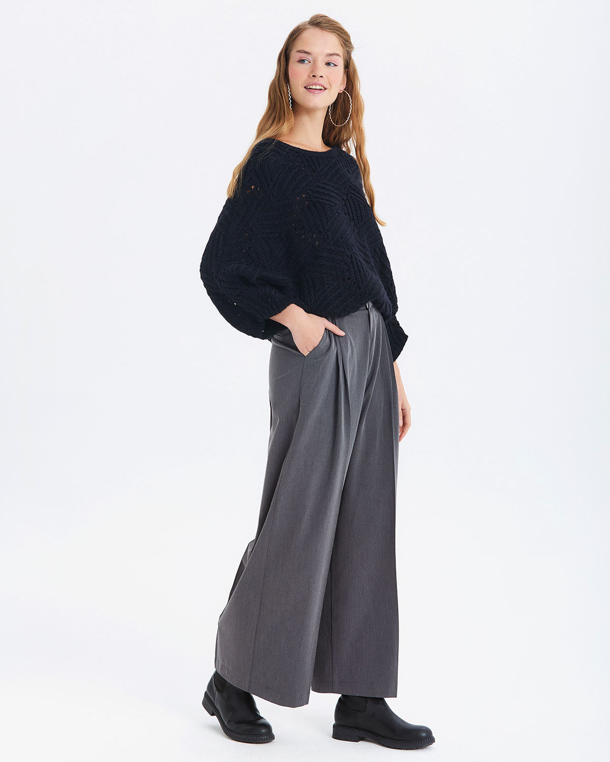 Salaş Bol Paça Kumaş Pantolon Gri