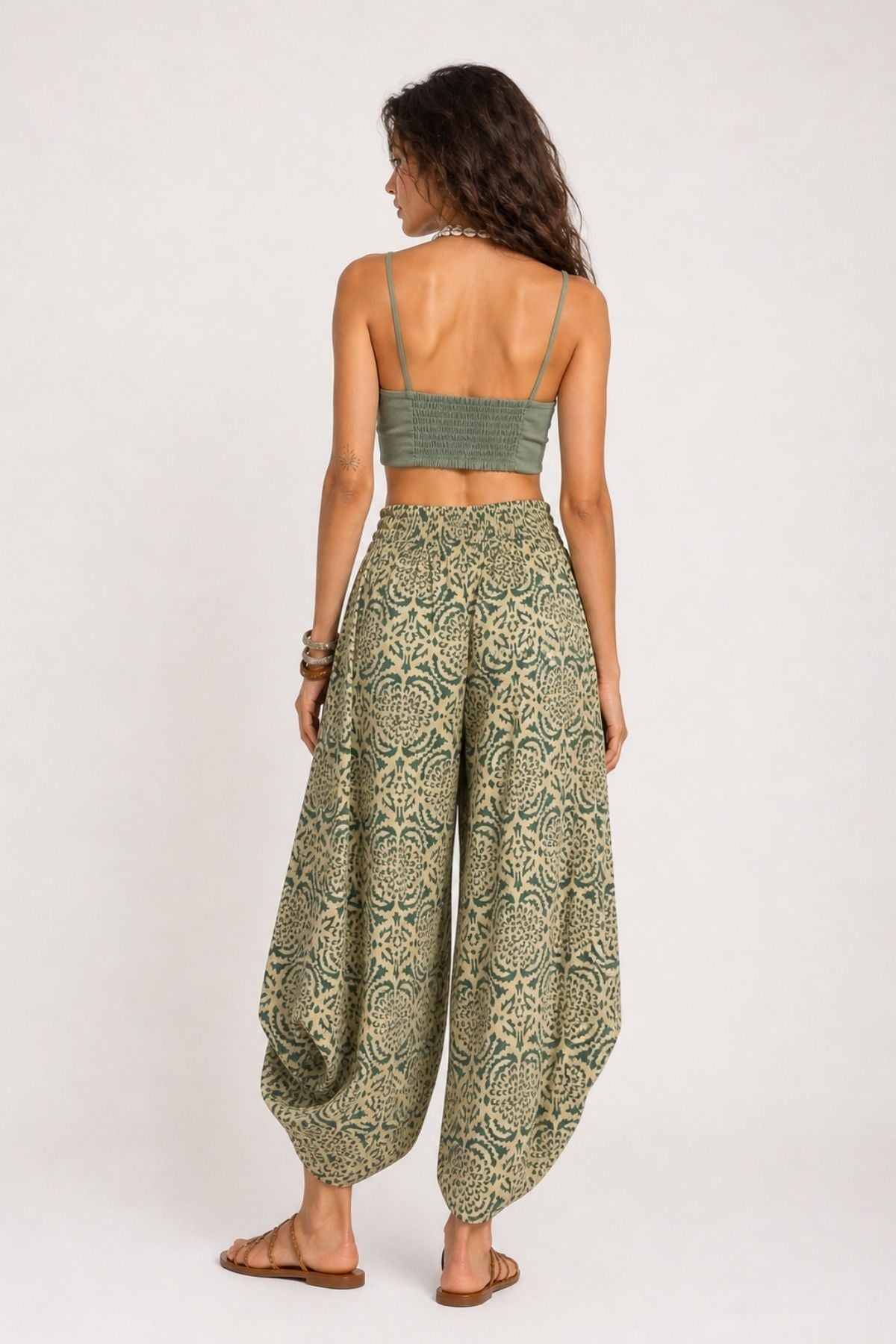Etnik Desenli Harem Pantolon Yeşil