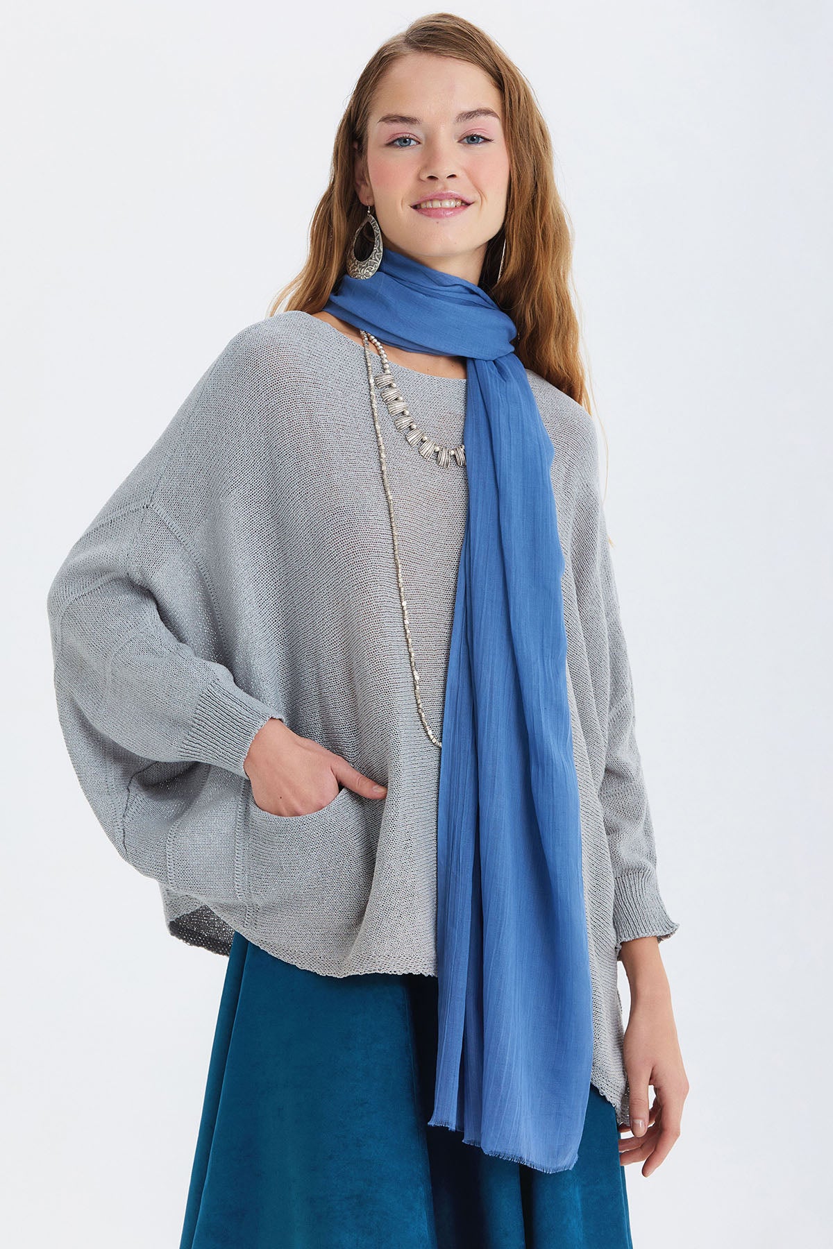 İnce Dökümlü Bambu Şal Mavi