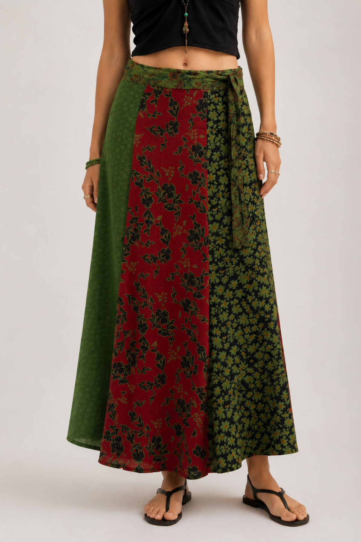 Uzun Patchwork Etek Yeşil