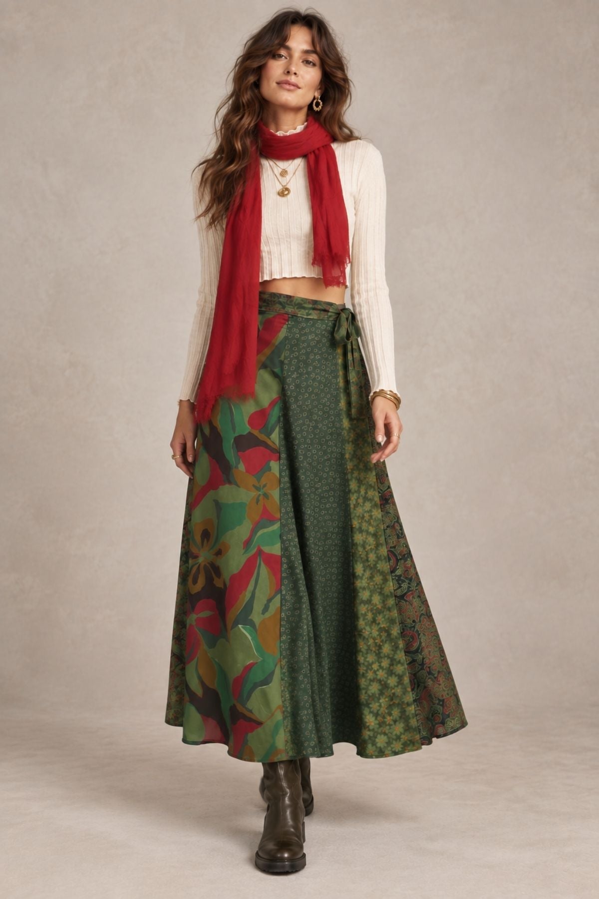 Uzun Patchwork Etek Yeşil