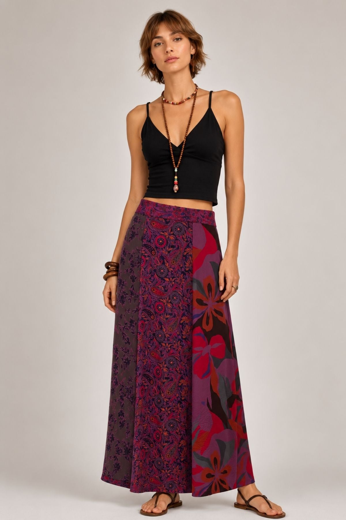 Uzun Patchwork Etek Mor