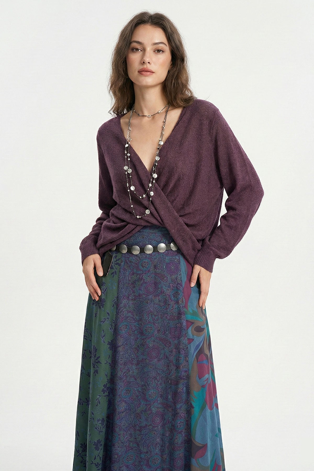 Uzun Patchwork Etek Lacivert