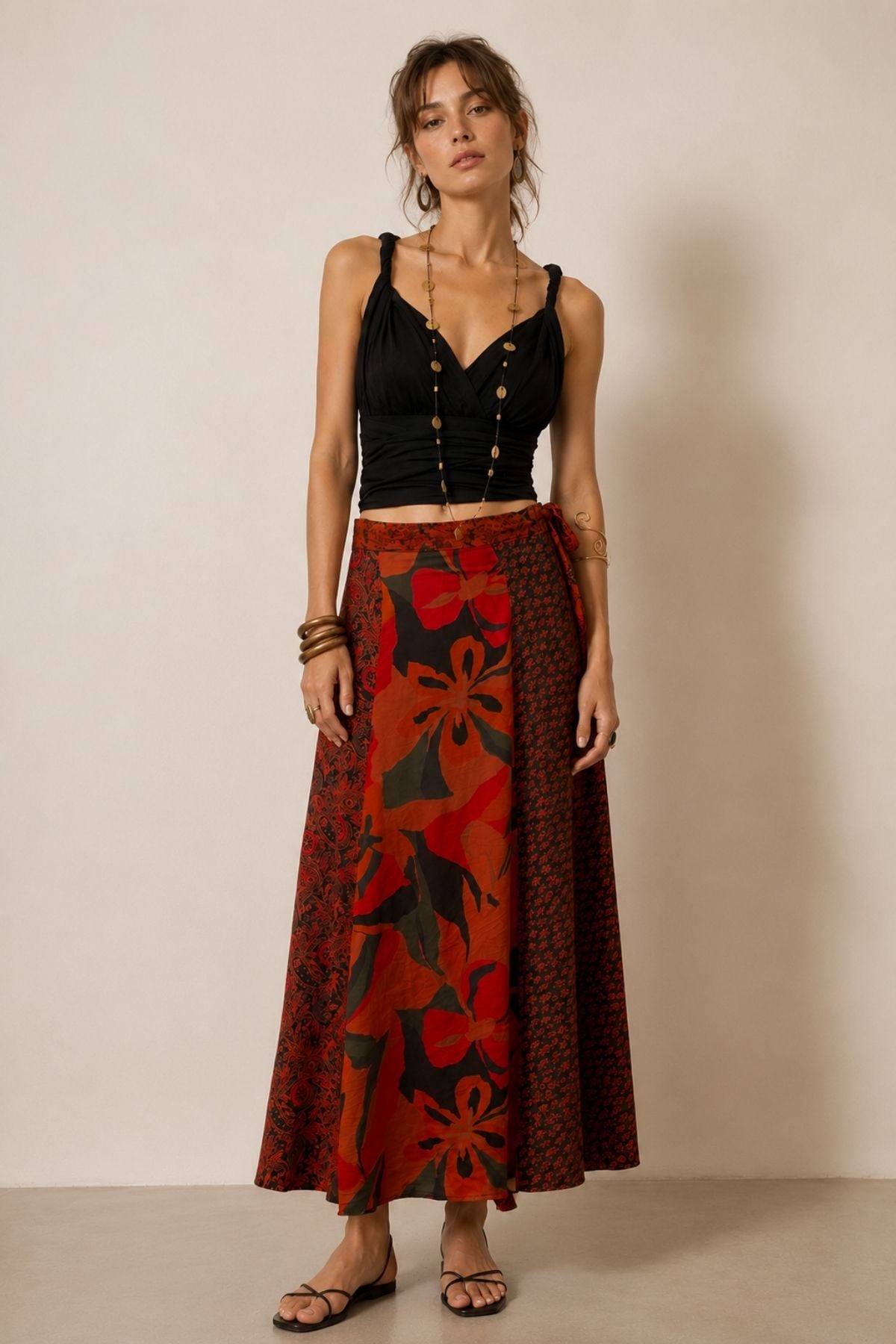 Uzun Patchwork Etek Turuncu