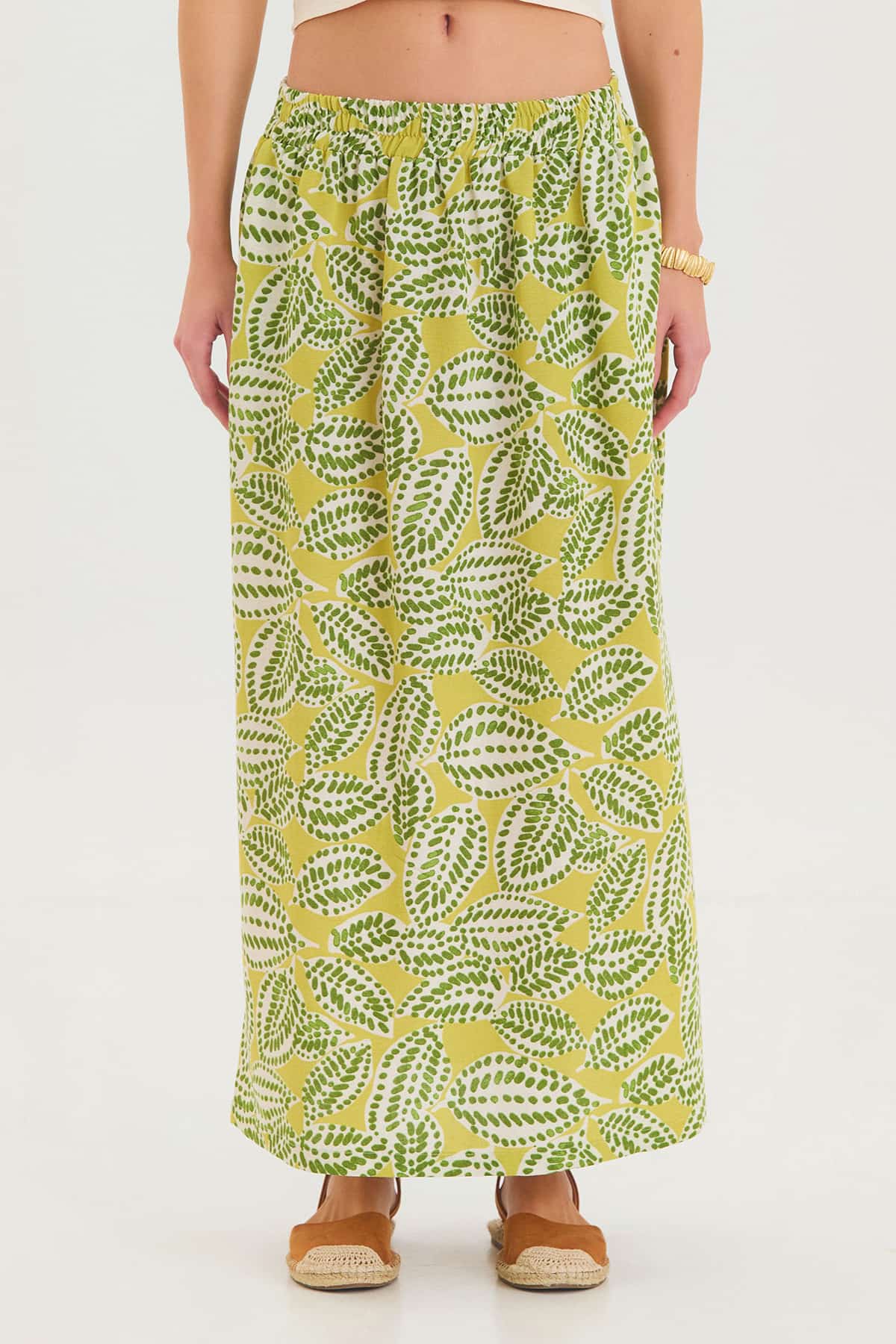 Yandan Yırtmaçlı Beli Lastikli Bohem Midi Boy Etek Yeşil