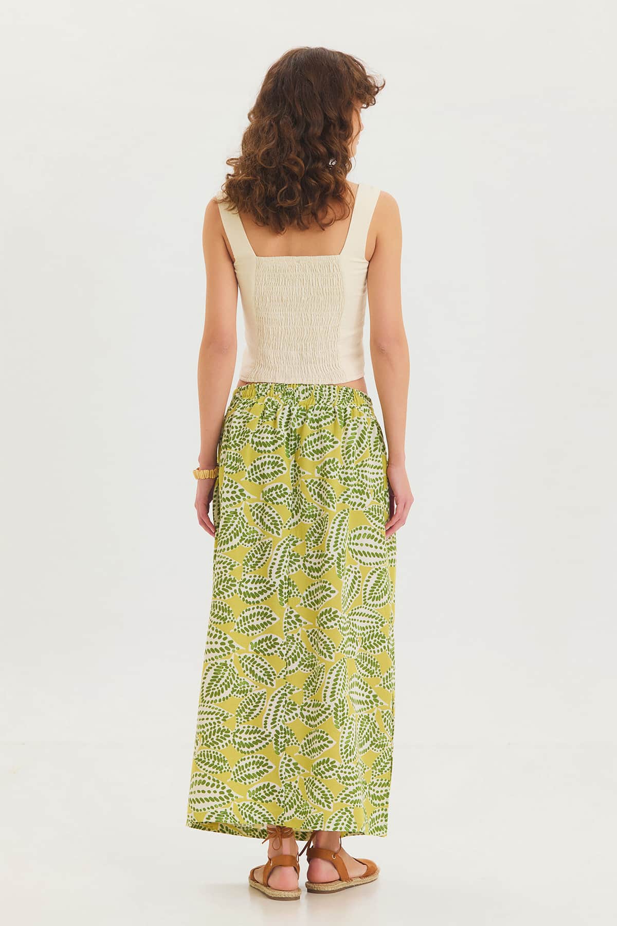 Yandan Yırtmaçlı Beli Lastikli Bohem Midi Boy Etek Yeşil