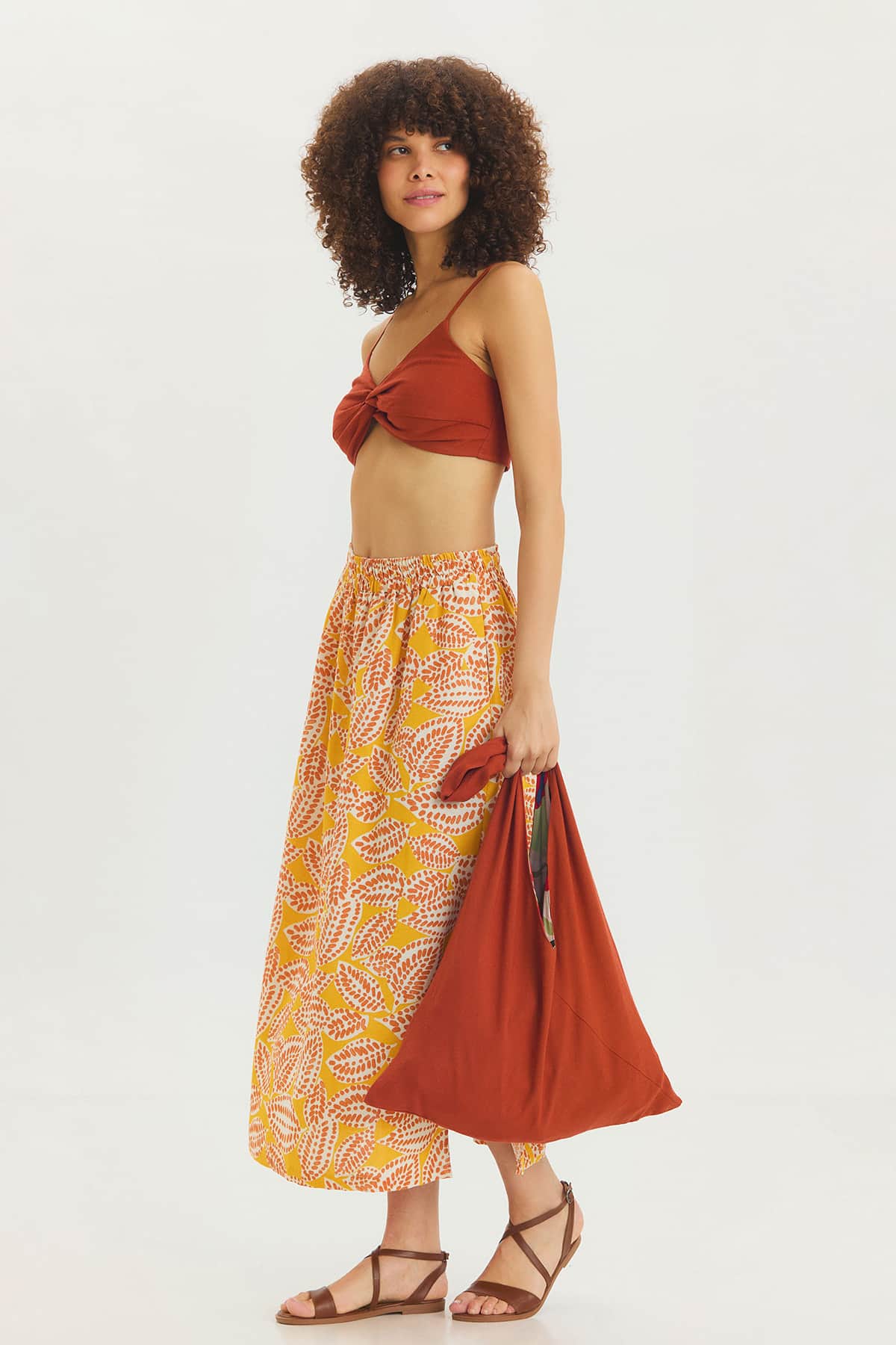 Yandan Yırtmaçlı Beli Lastikli Bohem Midi Boy Etek Sarı