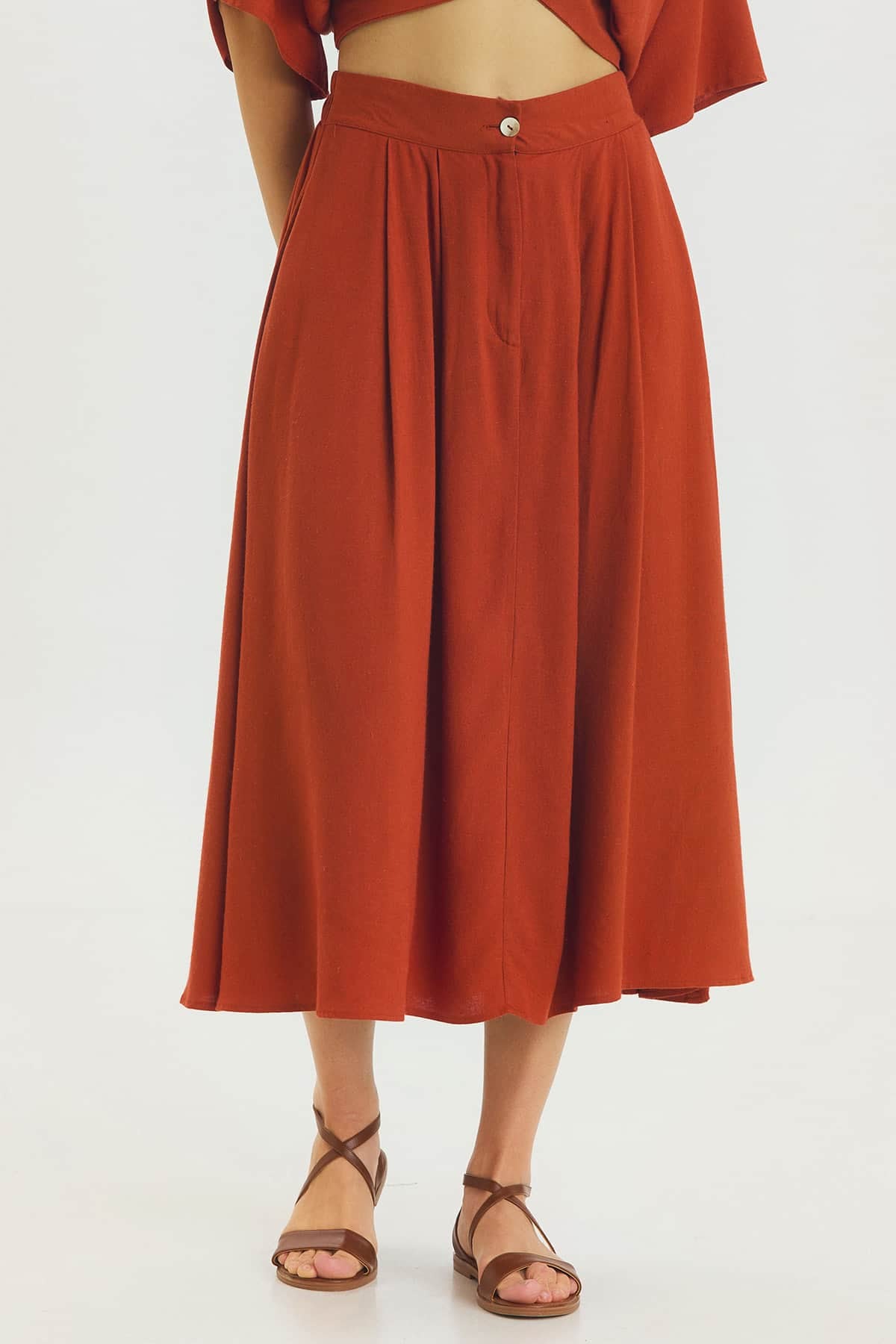 Rahat Kesim Midi Boy Yazlık Bohem Etek Kiremit