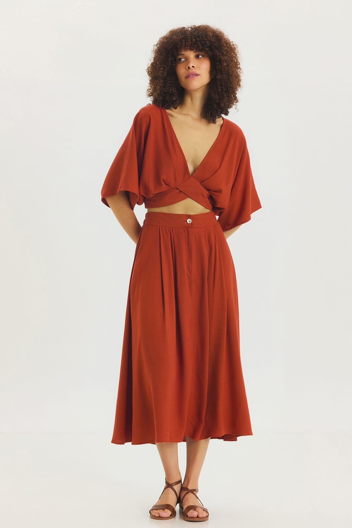 Rahat Kesim Midi Boy Yazlık Bohem Etek Kiremit