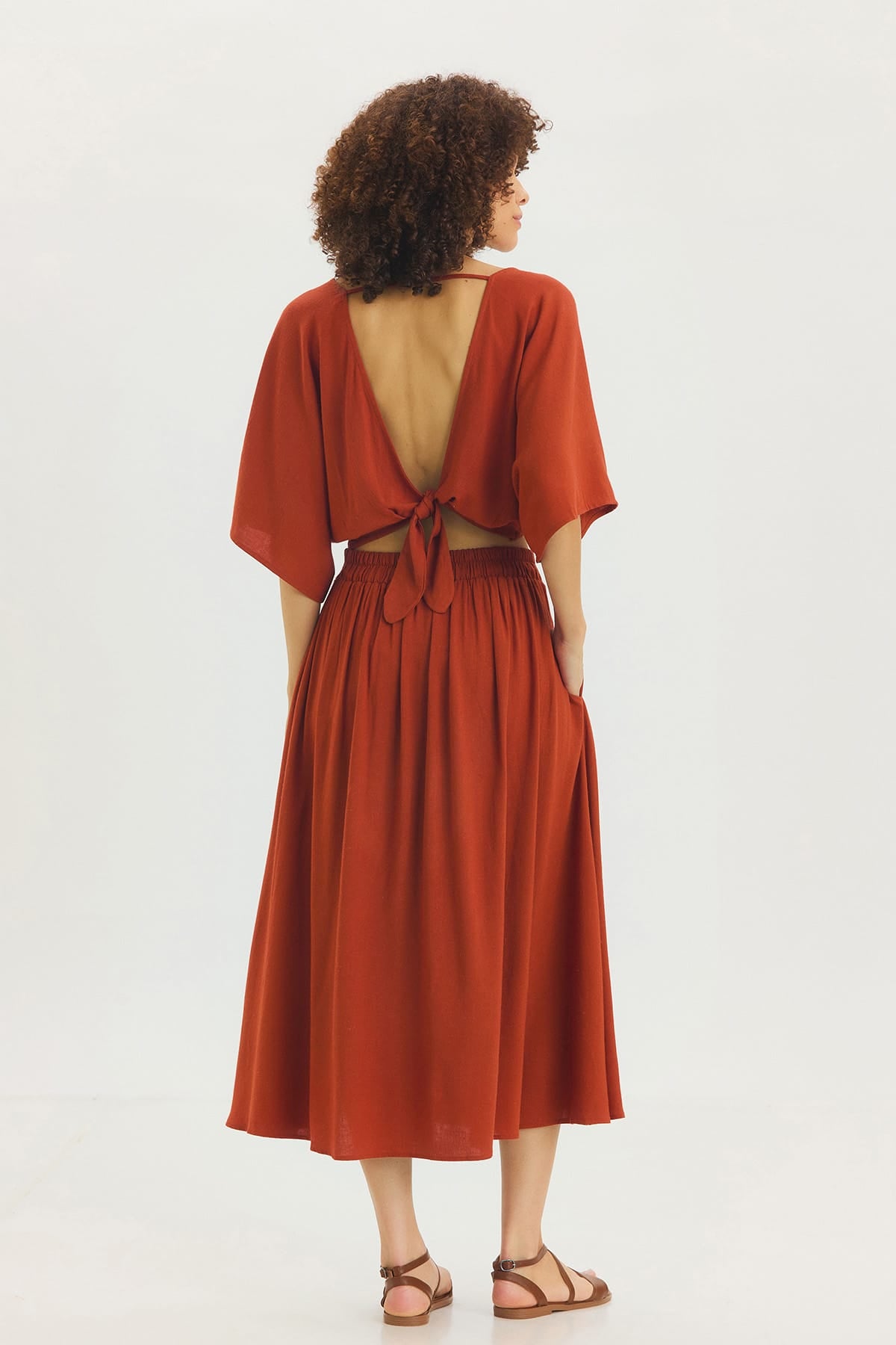 Rahat Kesim Midi Boy Yazlık Bohem Etek Kiremit