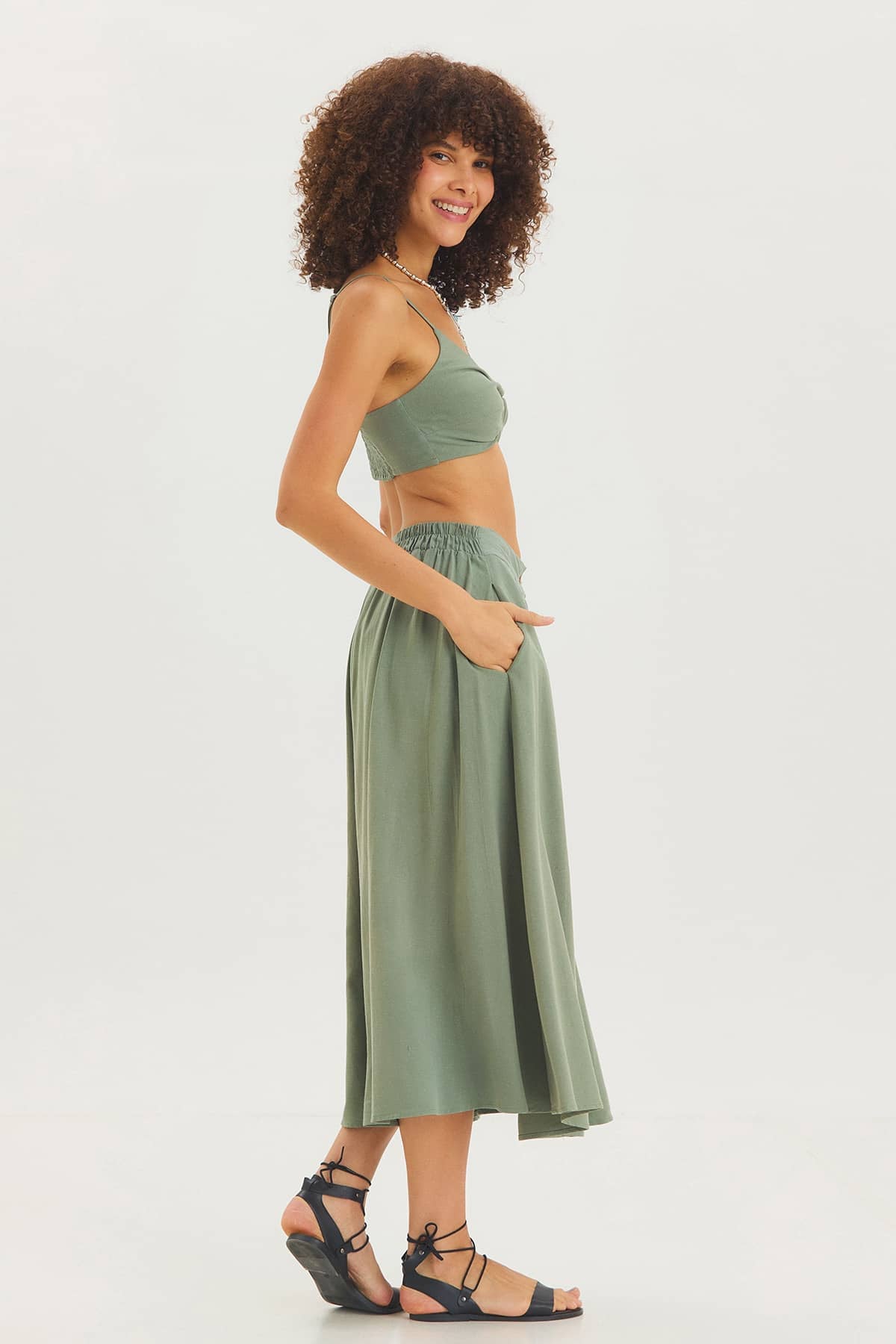 Rahat Kesim Midi Boy Yazlık Bohem Etek Çağla