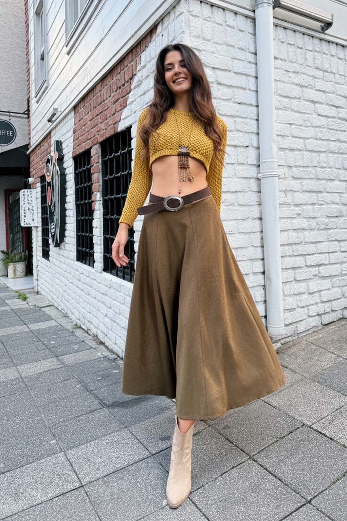 Süet A Kesim Midi Etek Haki