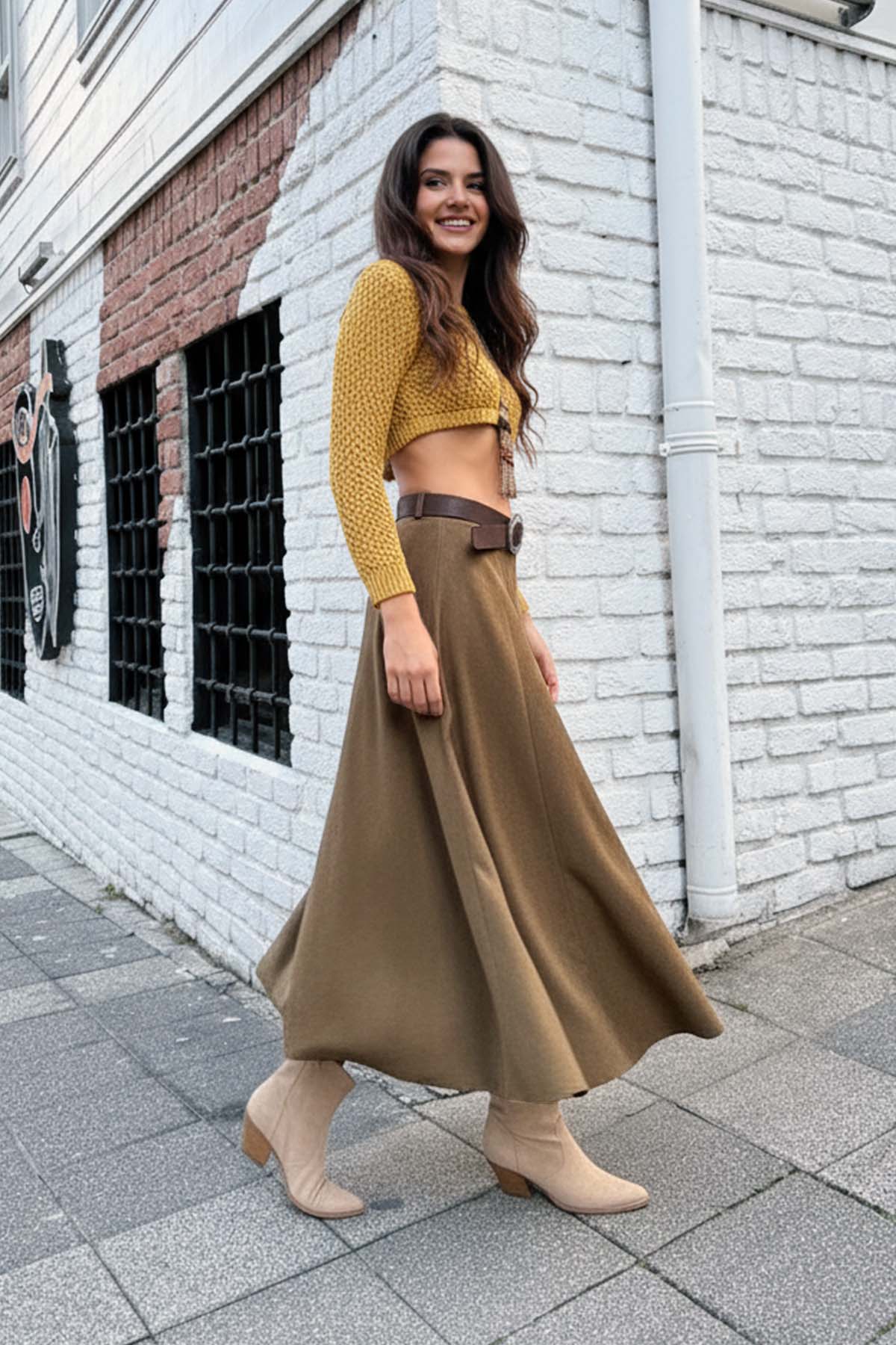 Süet A Kesim Midi Etek Haki