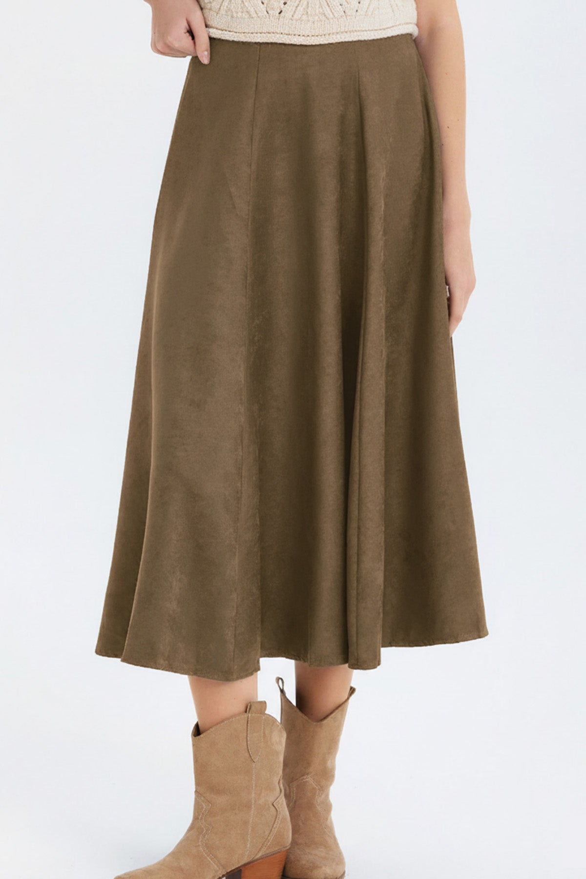 Süet A Kesim Midi Etek Haki