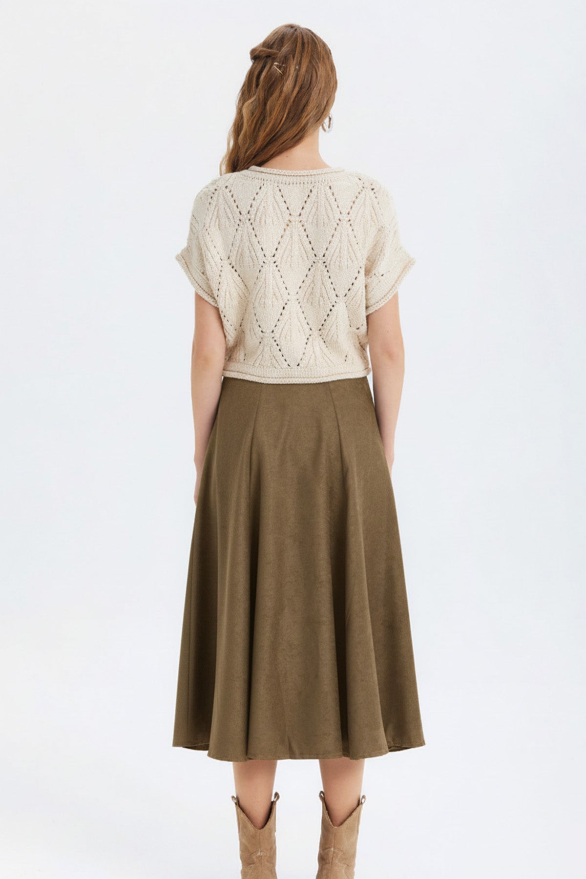Süet A Kesim Midi Etek Haki
