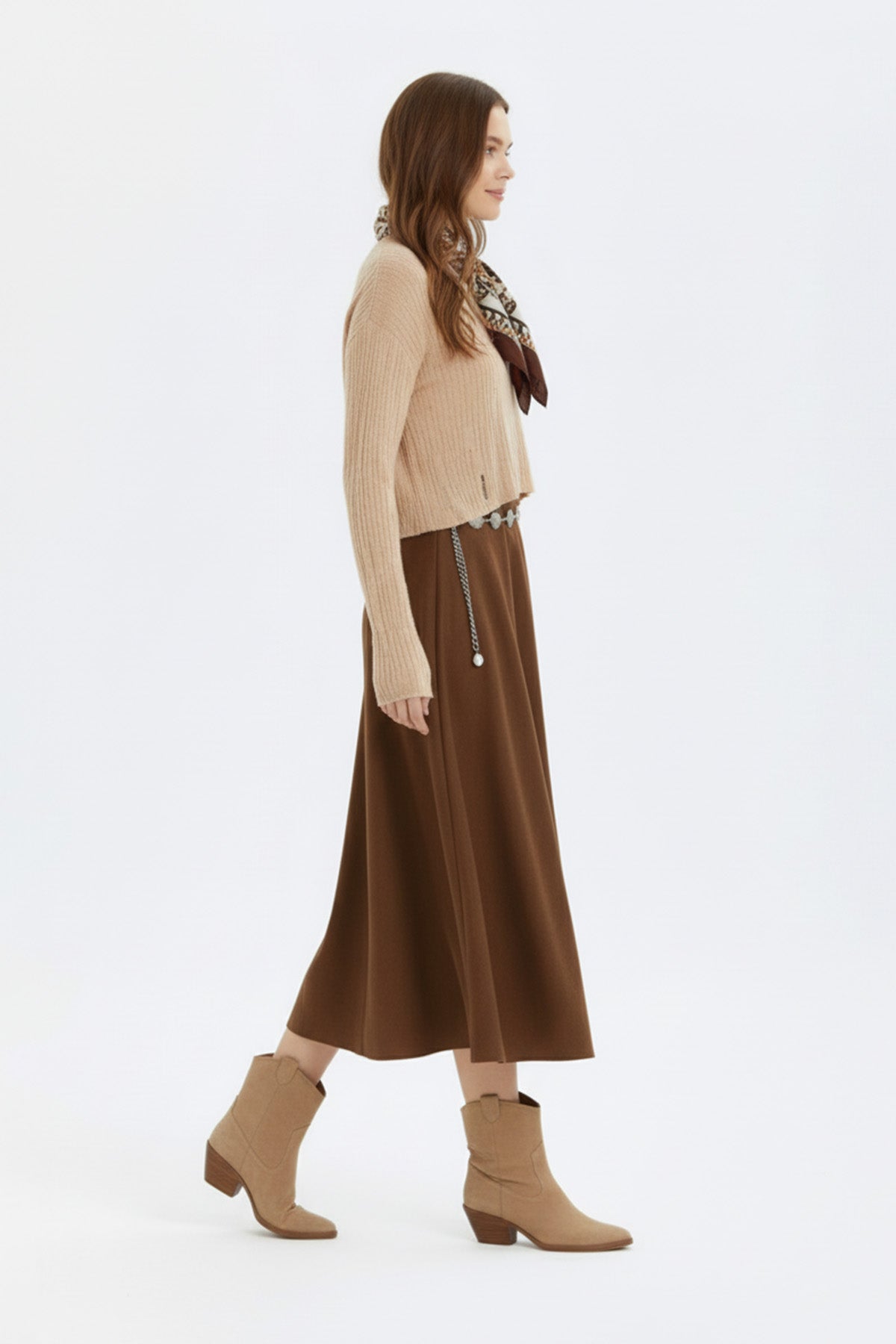 Süet A Kesim Midi Etek Kahverengi