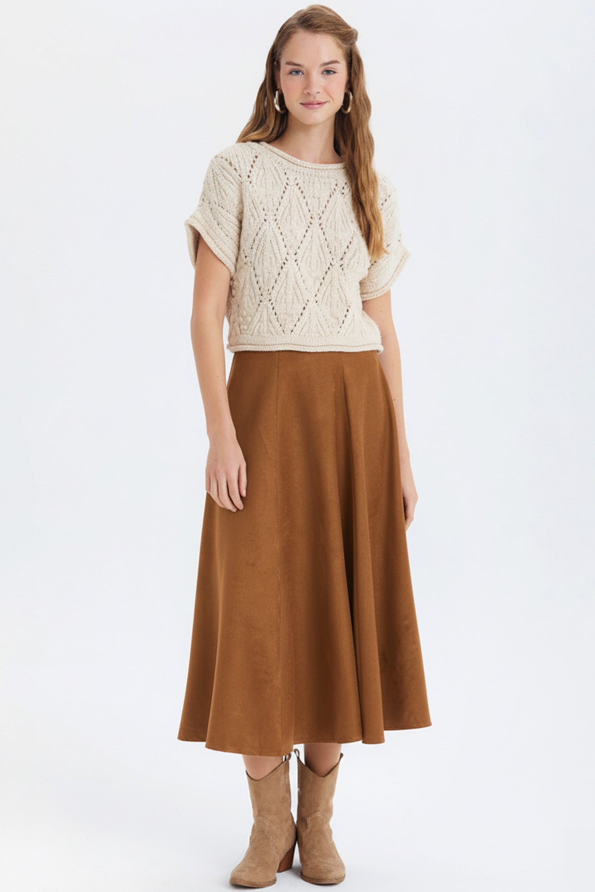 Süet A Kesim Midi Etek Karamel