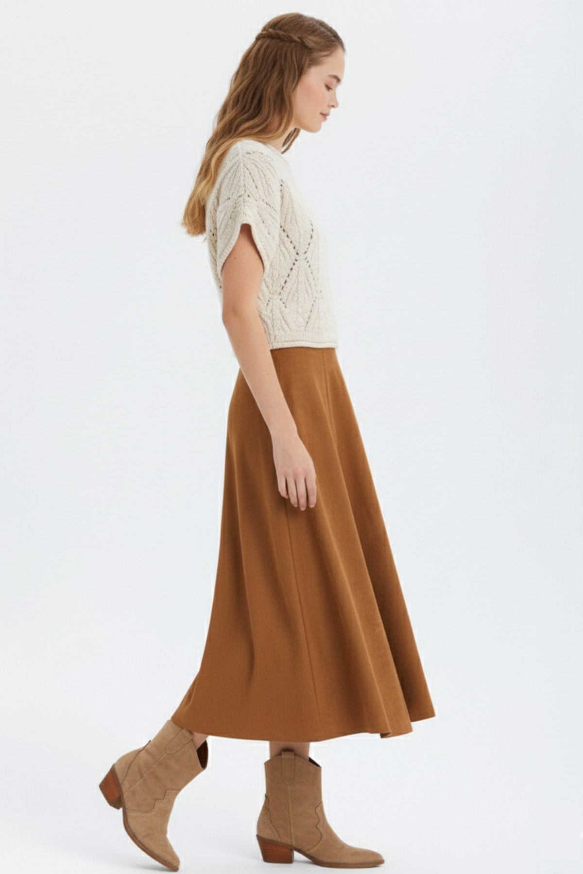 Süet A Kesim Midi Etek Karamel