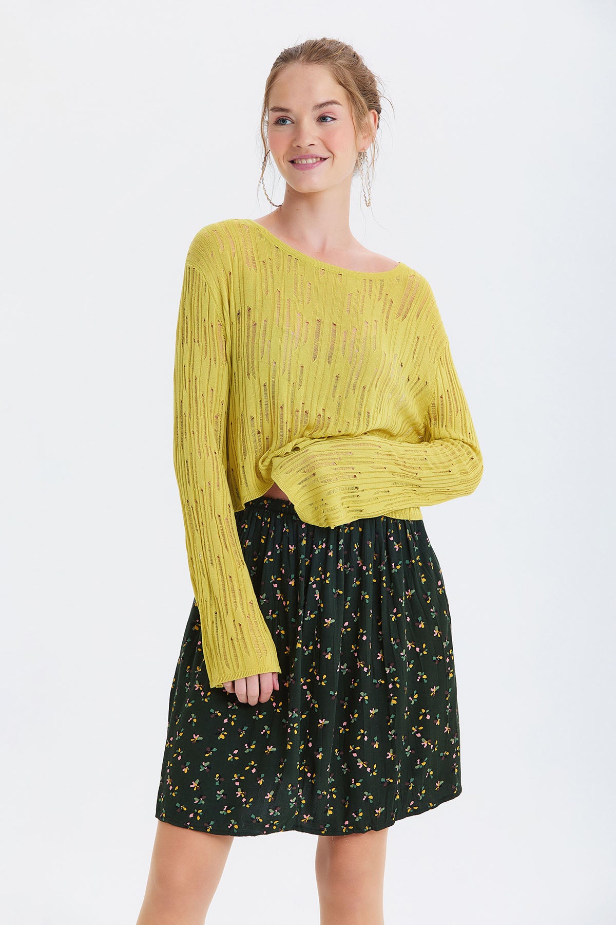 Beli Lastikli Bohem Tarz Mini Etek Yeşil