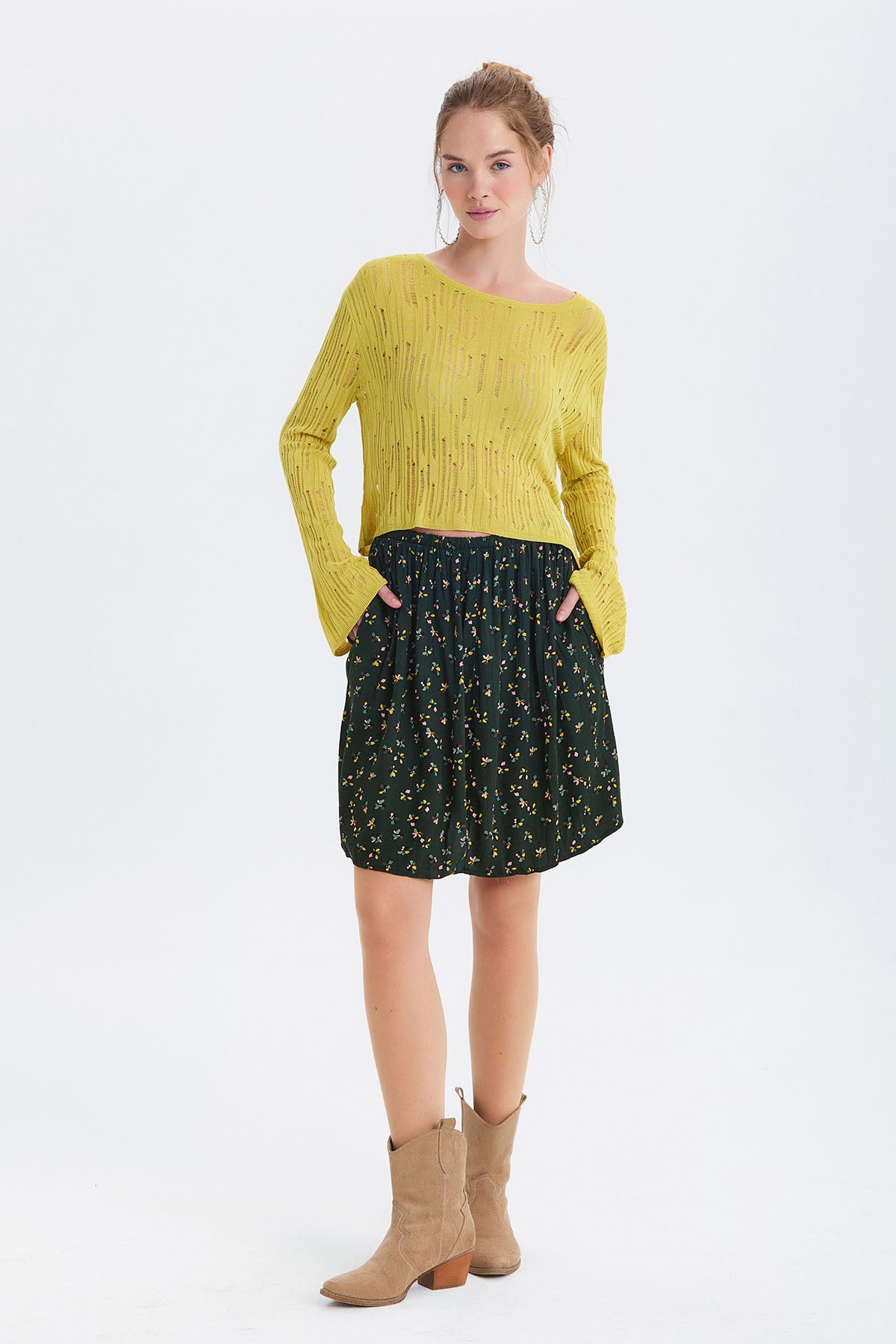 Beli Lastikli Bohem Tarz Mini Etek Yeşil