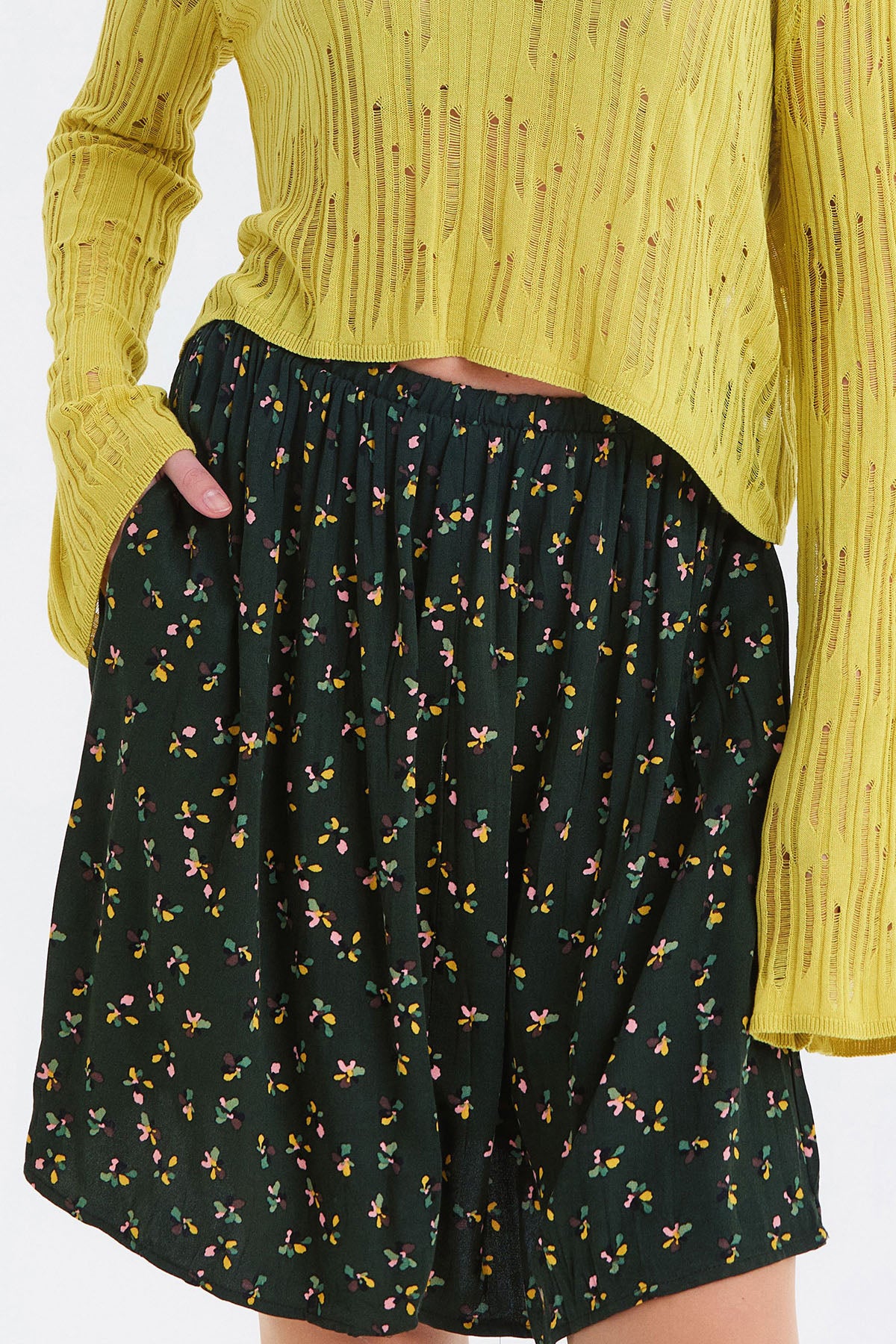 Beli Lastikli Bohem Tarz Mini Etek Yeşil