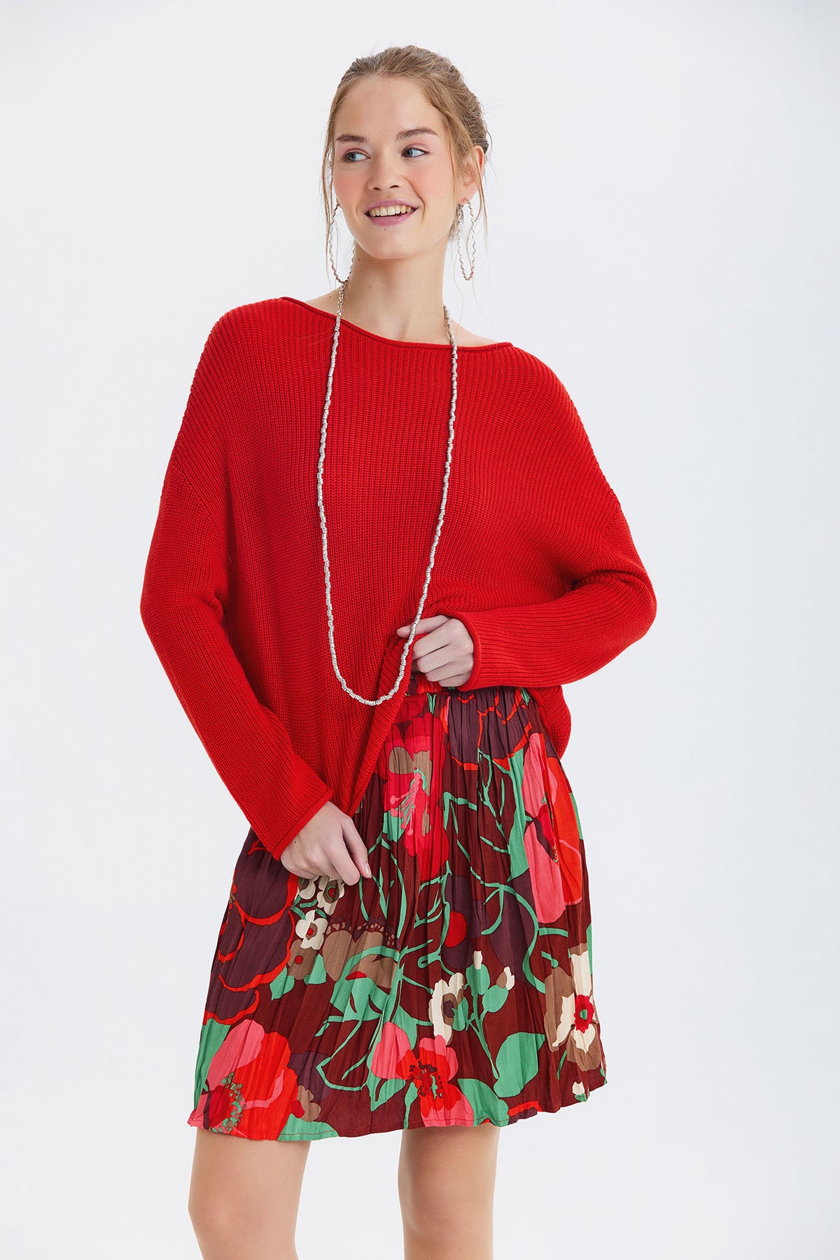 Beli Lastikli Bohem Tarz Mini Etek Kırmızı