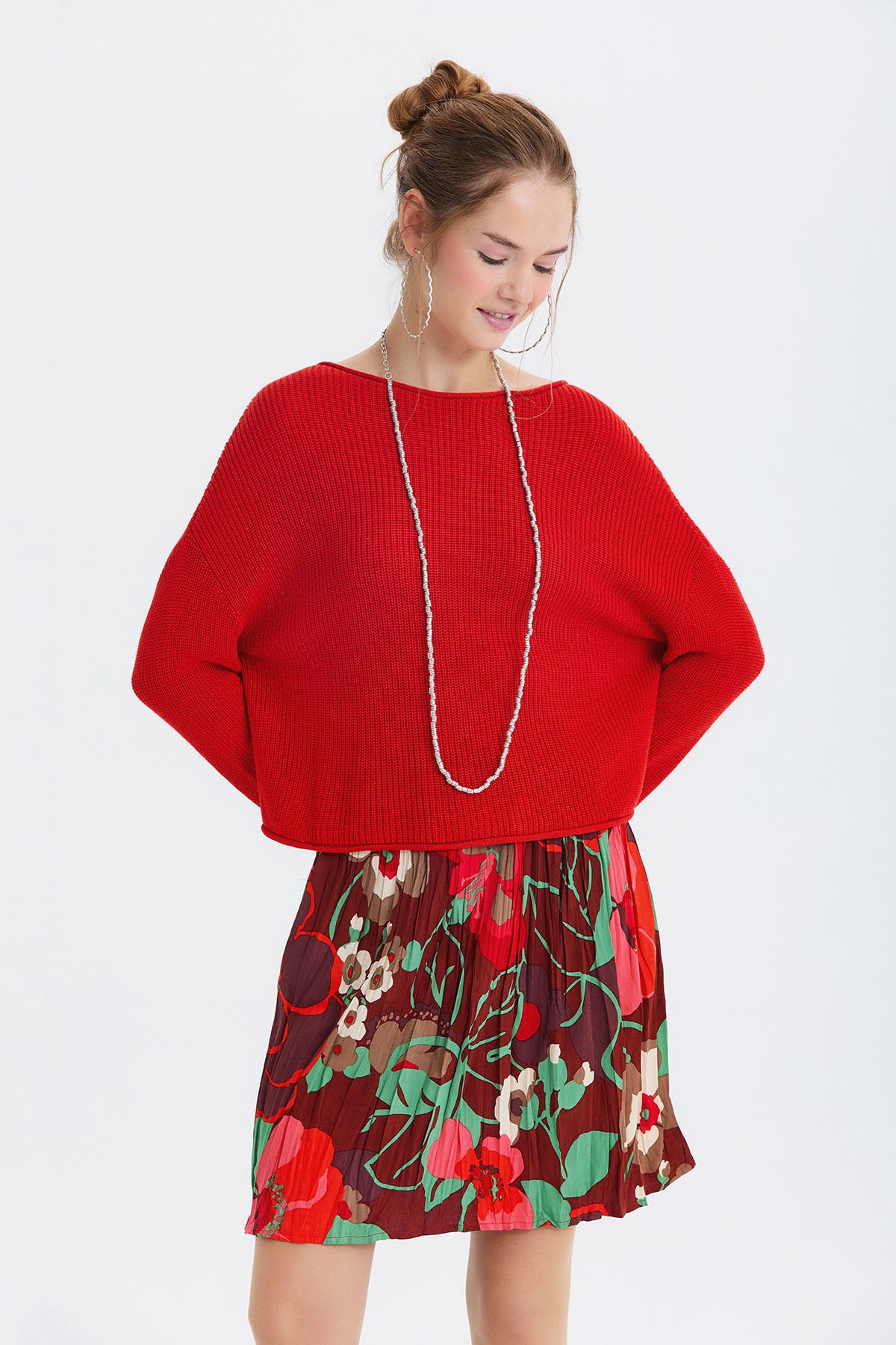 Beli Lastikli Bohem Tarz Mini Etek Kırmızı