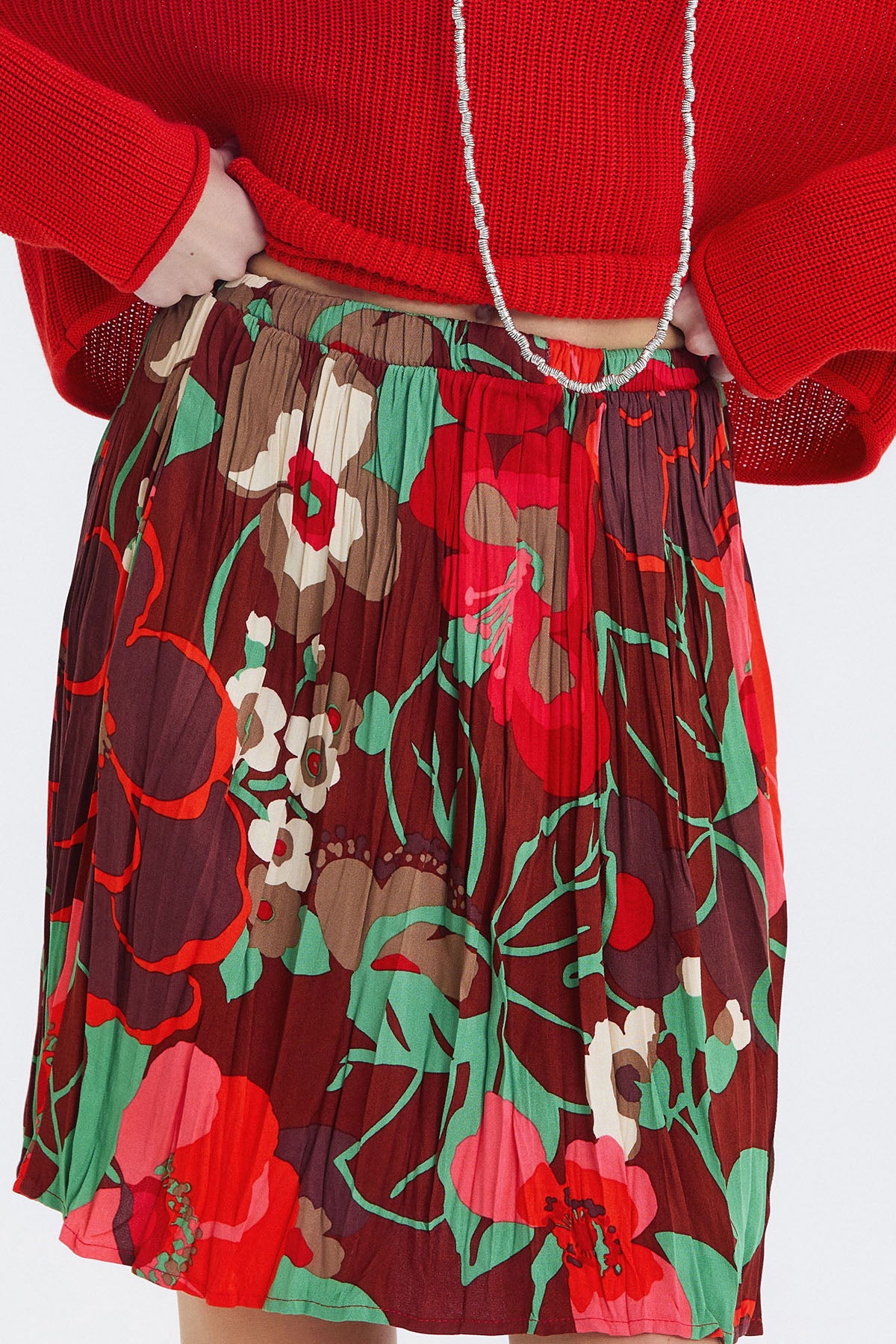 Beli Lastikli Bohem Tarz Mini Etek Kırmızı