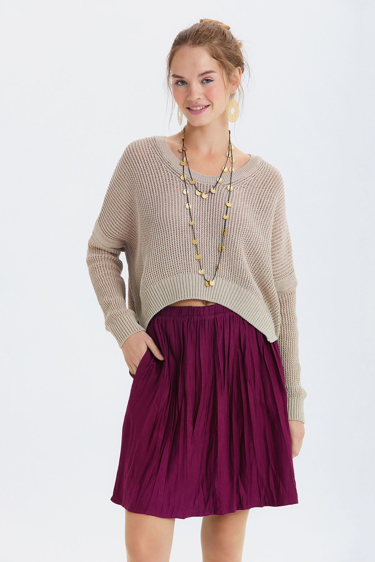 Beli Lastikli Bohem Tarz Mini Etek Mor