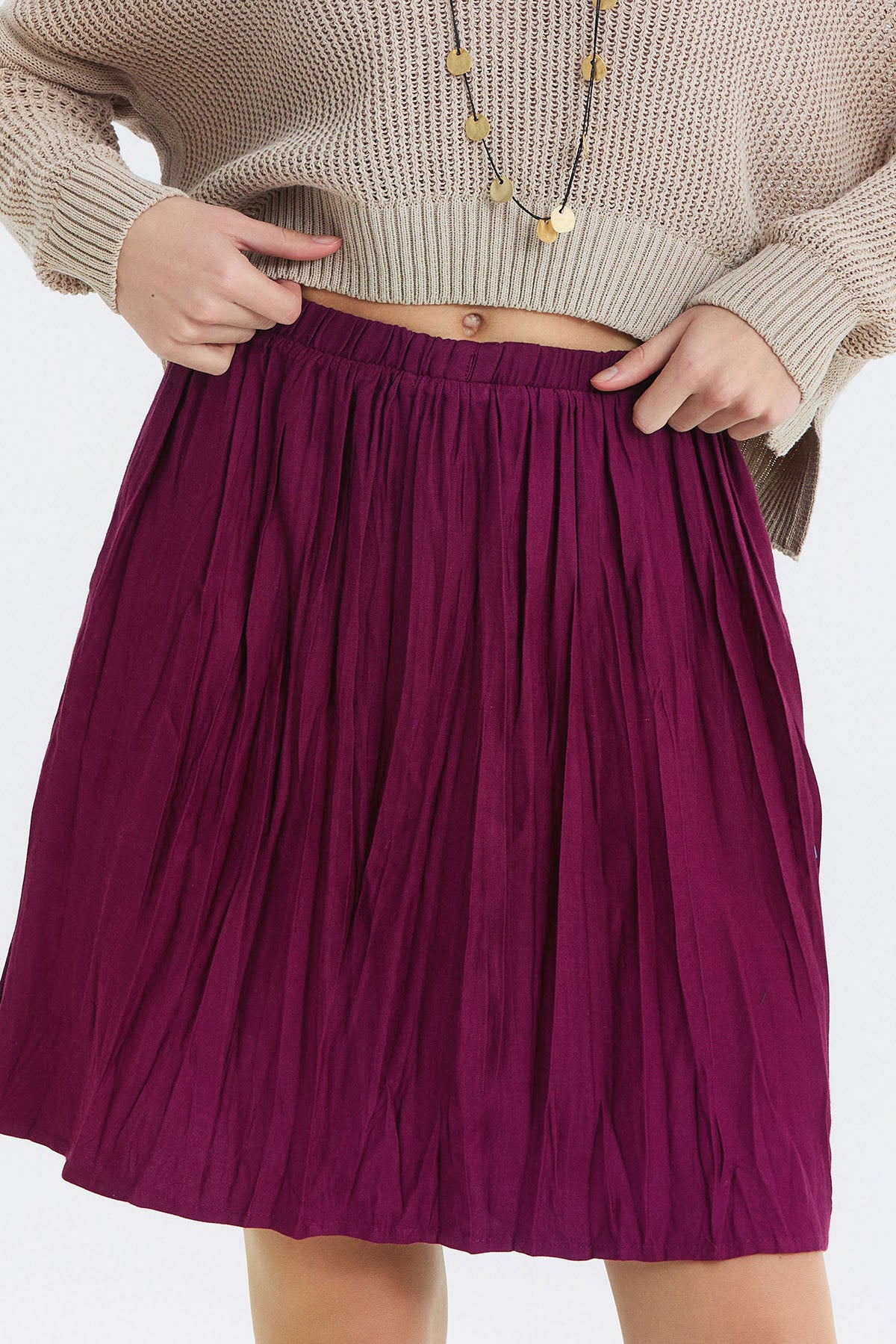 Beli Lastikli Bohem Tarz Mini Etek Mor