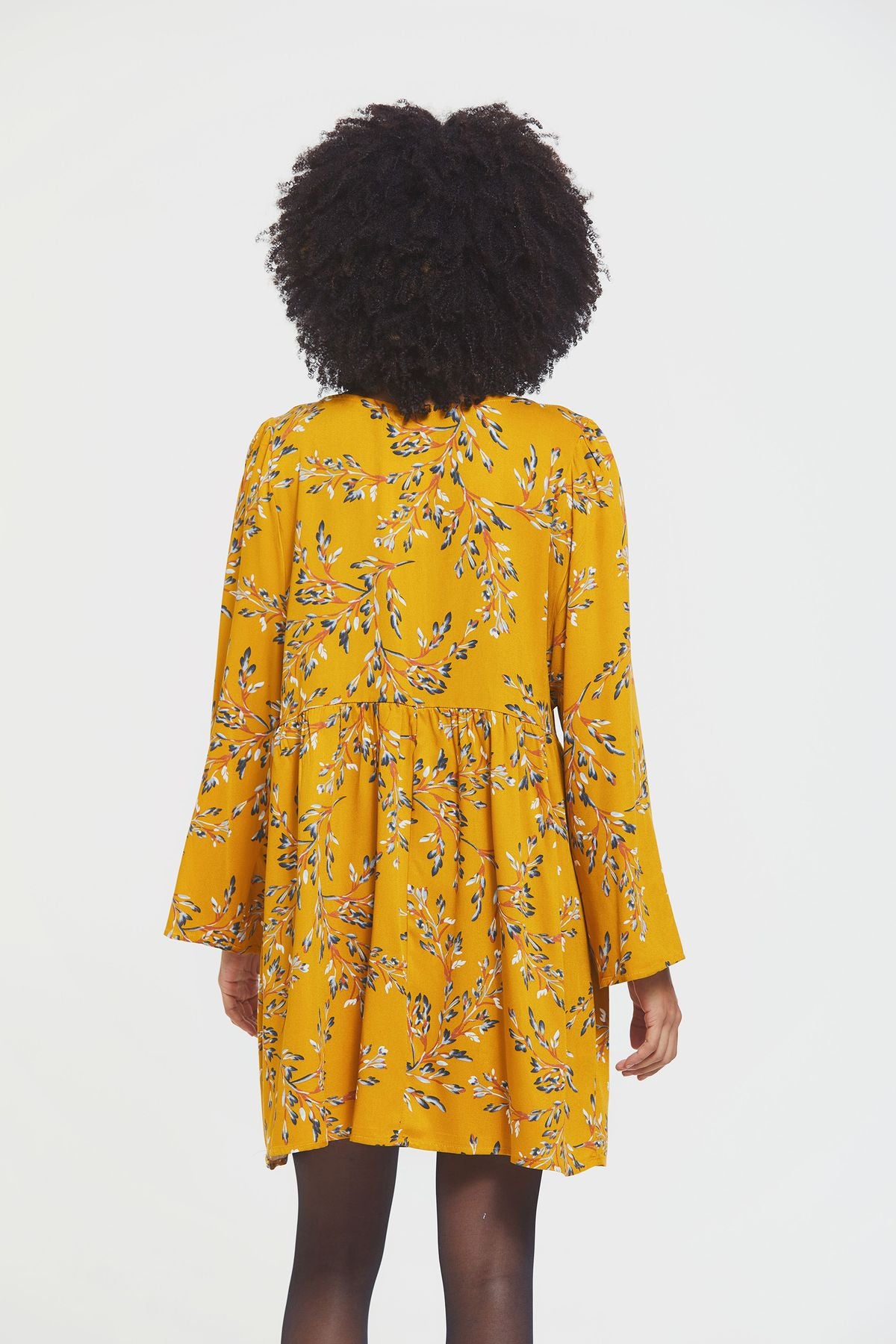Uzun Kollu Salaş Kısa Bohem Elbise Sarı