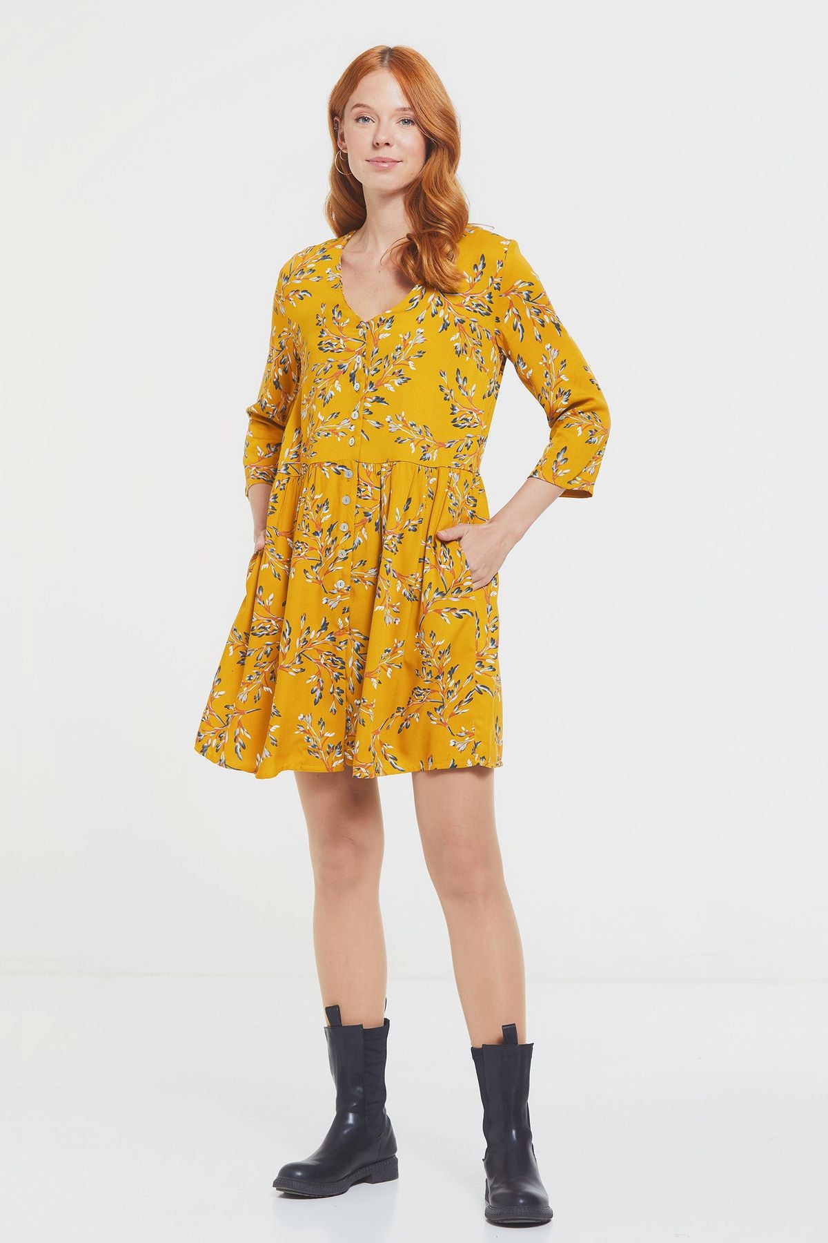 Bohem Boydan Düğmeli Kısa Elbise Sarı