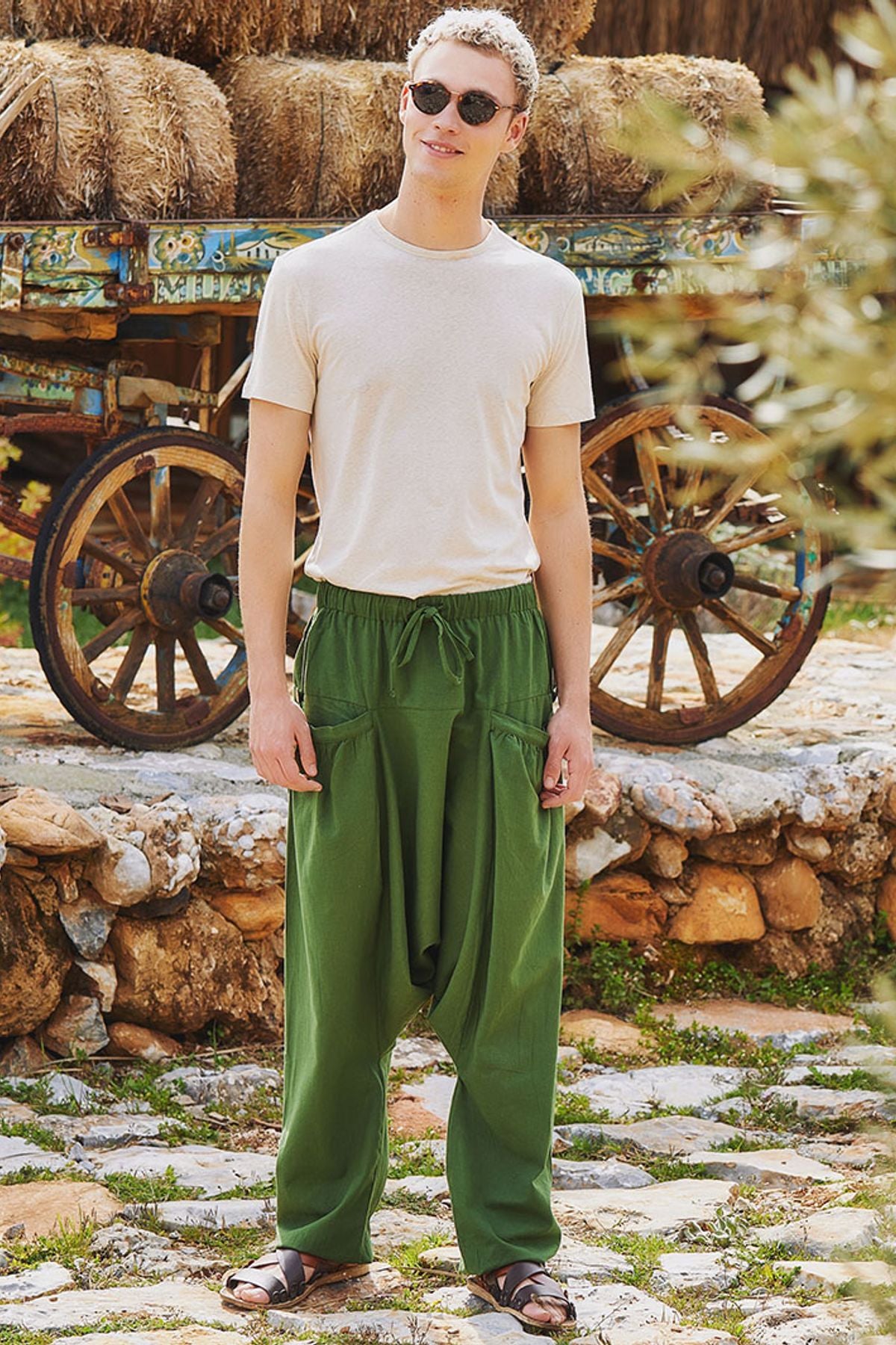 Cep Detaylı Bol Kesim Bohem Şalvar Pantolon Yeşil