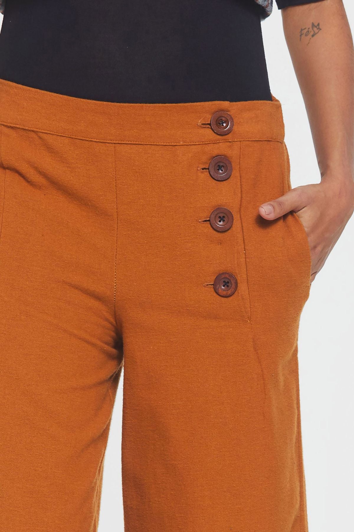 Düğme Detaylı Bohem Geniş Paça Pantolon Sarı